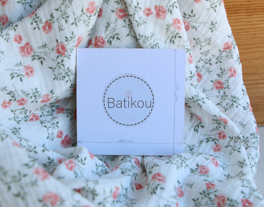 Marcelle - Double gaze coton BIO Exclusif blanc motif fleuri vert et rose