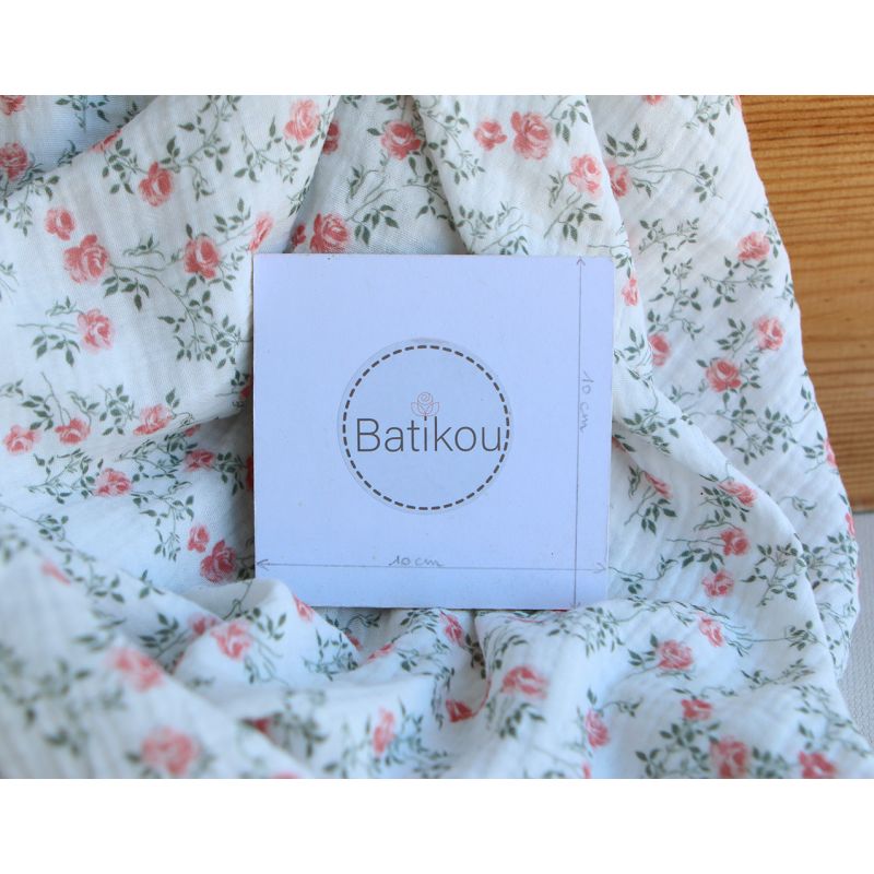 Marcelle - Double gaze coton BIO Exclusif blanc motif fleuri vert et rose