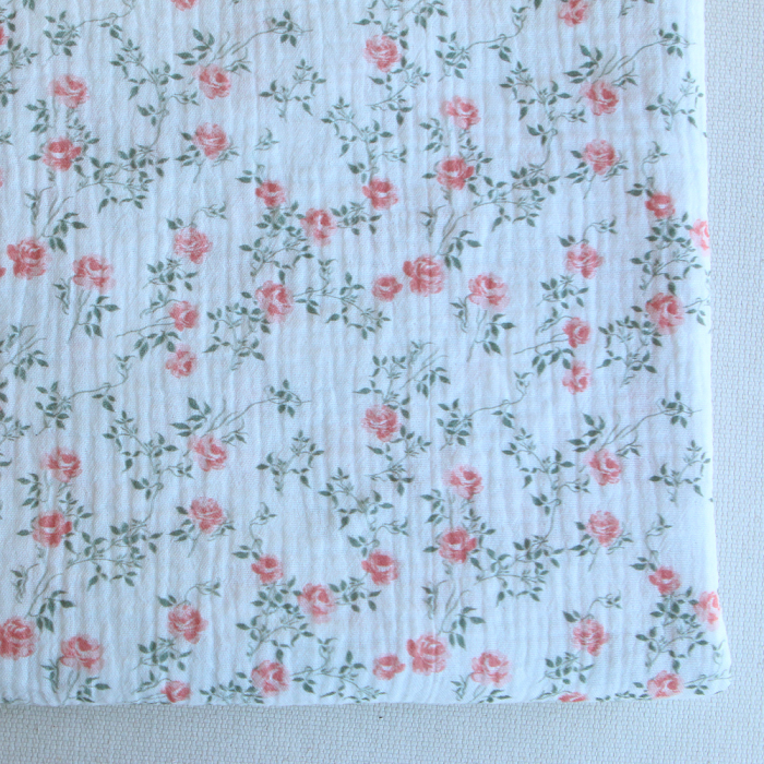 Marcelle - Double gaze coton BIO Exclusif blanc motif fleuri vert et rose