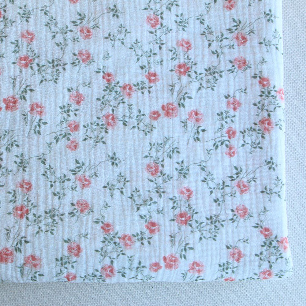Marcelle - Double gaze coton BIO Exclusif blanc motif fleuri vert et rose