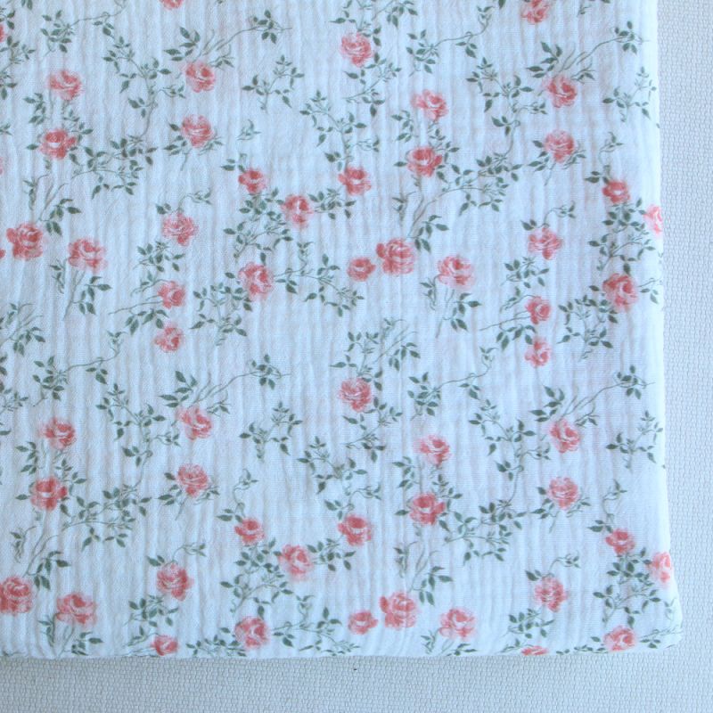 Marcelle - Double gaze coton BIO Exclusif blanc motif fleuri vert et rose