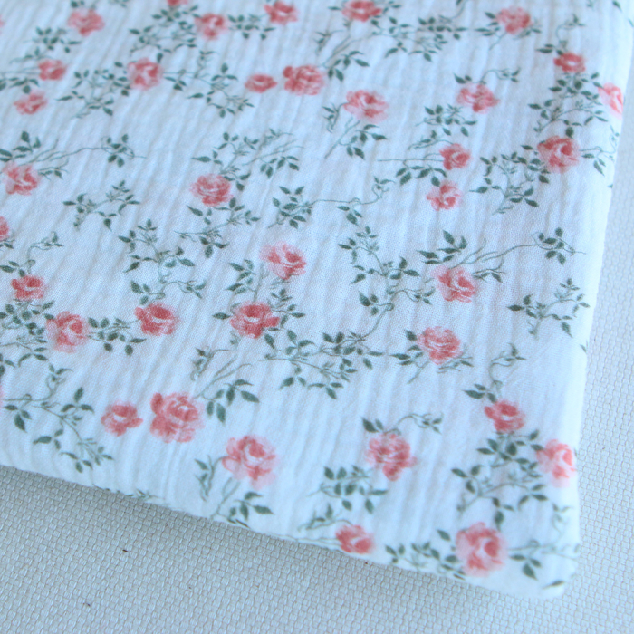 Marcelle - Double gaze coton BIO Exclusif blanc motif fleuri vert et rose
