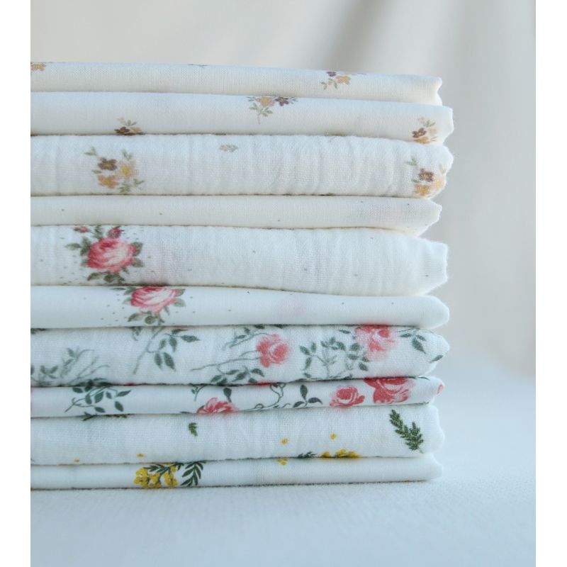 Marcelle - Double gaze coton BIO Exclusif blanc motif fleuri vert et rose