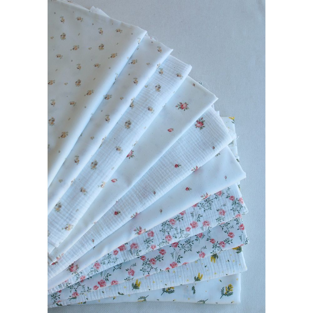 Marcelle - Double gaze coton BIO Exclusif blanc motif fleuri vert et rose