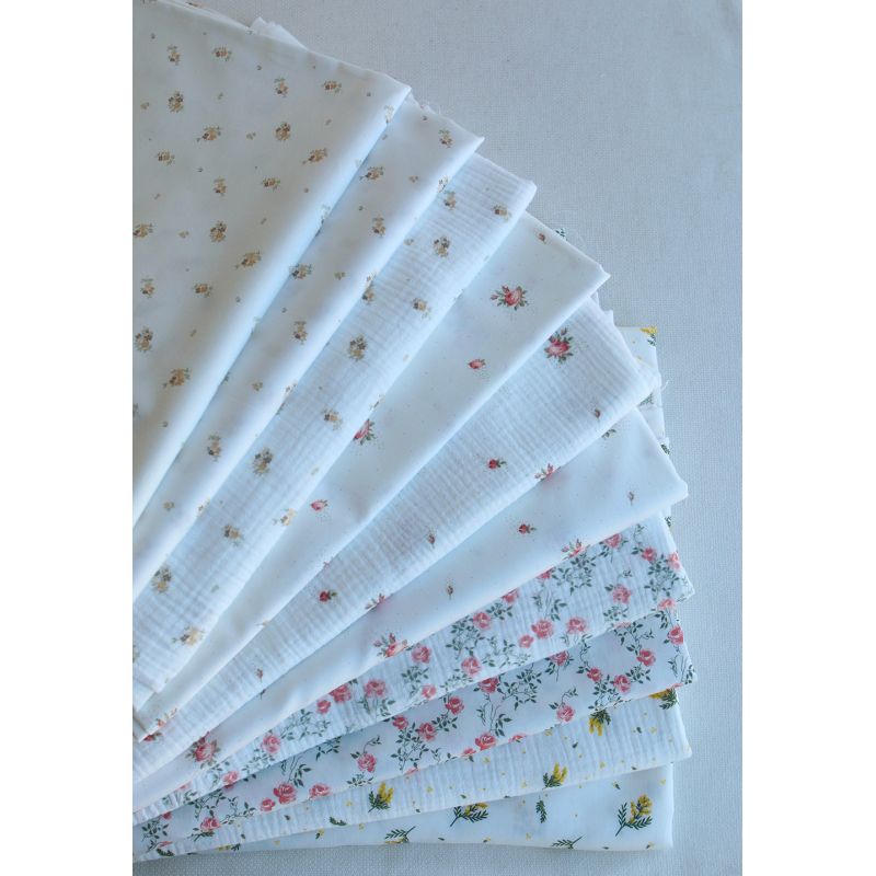 Marcelle - Double gaze coton BIO Exclusif blanc motif fleuri vert et rose