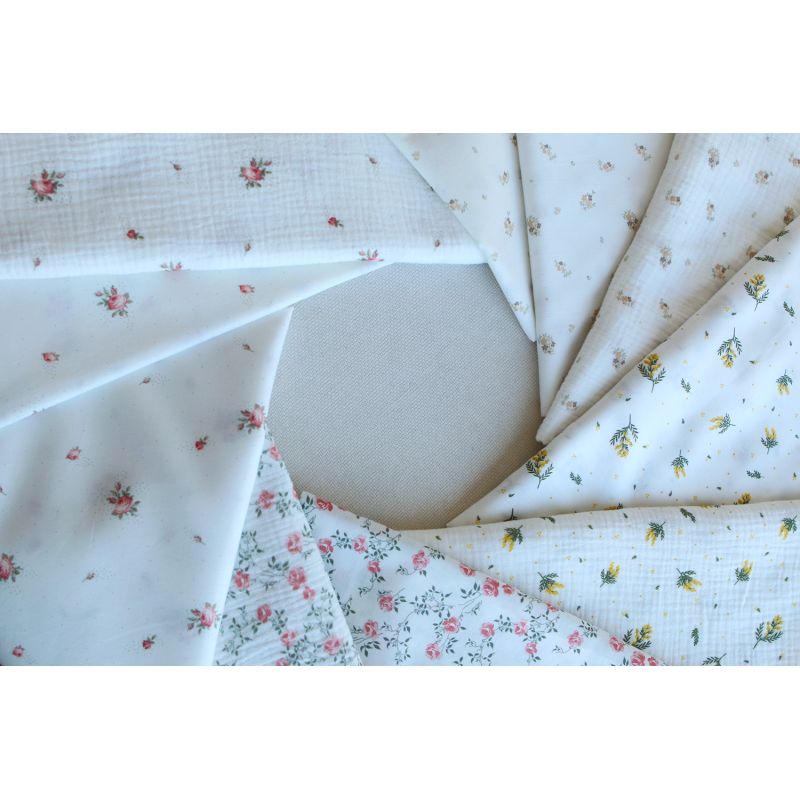 Marcelle - Double gaze coton BIO Exclusif blanc motif fleuri vert et rose