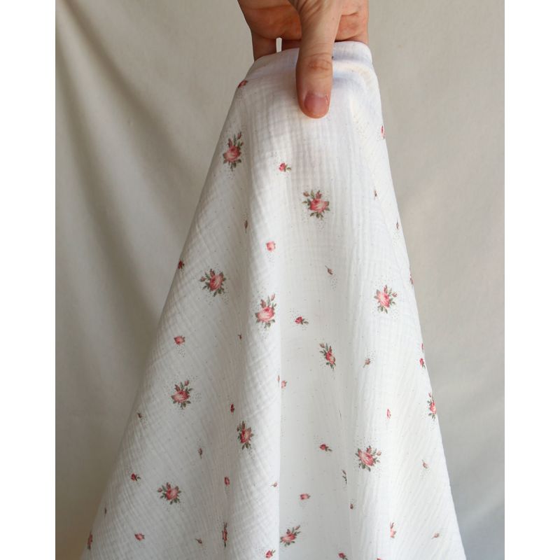 Christine - Double gaze coton BIO Exclusif blanc motif fleuri vert et rose