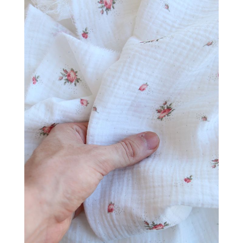 Christine - Double gaze coton BIO Exclusif blanc motif fleuri vert et rose