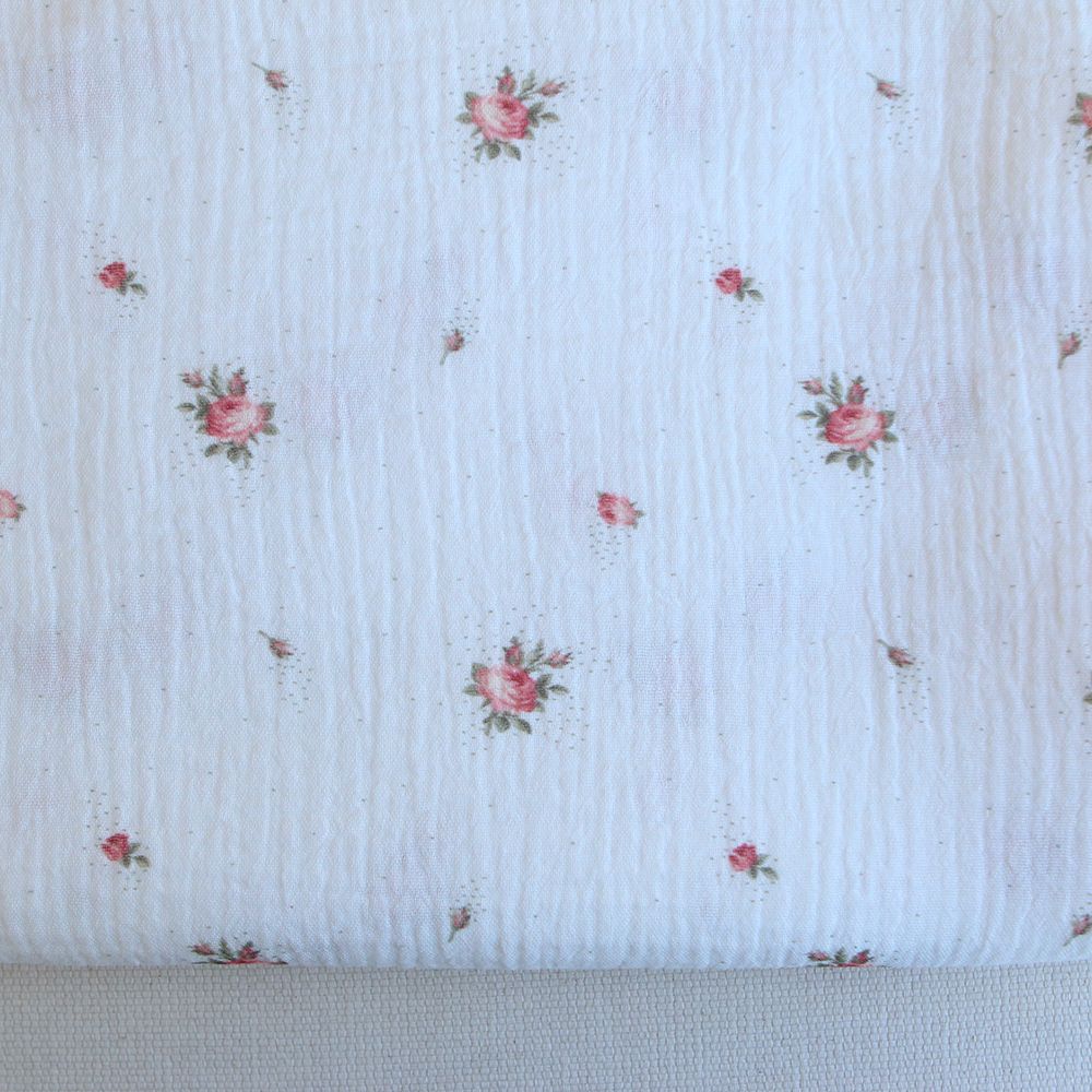 Christine - Double gaze coton BIO Exclusif blanc motif fleuri vert et rose