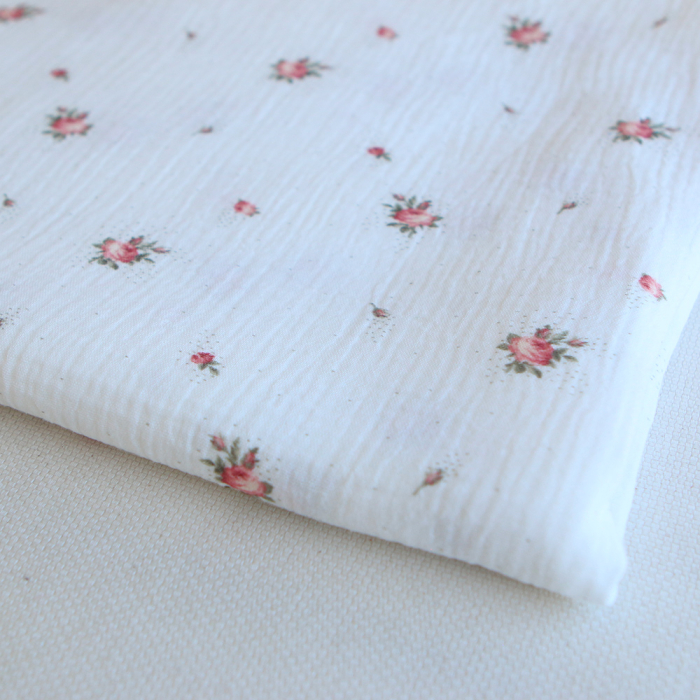 Christine - Double gaze coton BIO Exclusif blanc motif fleuri vert et rose