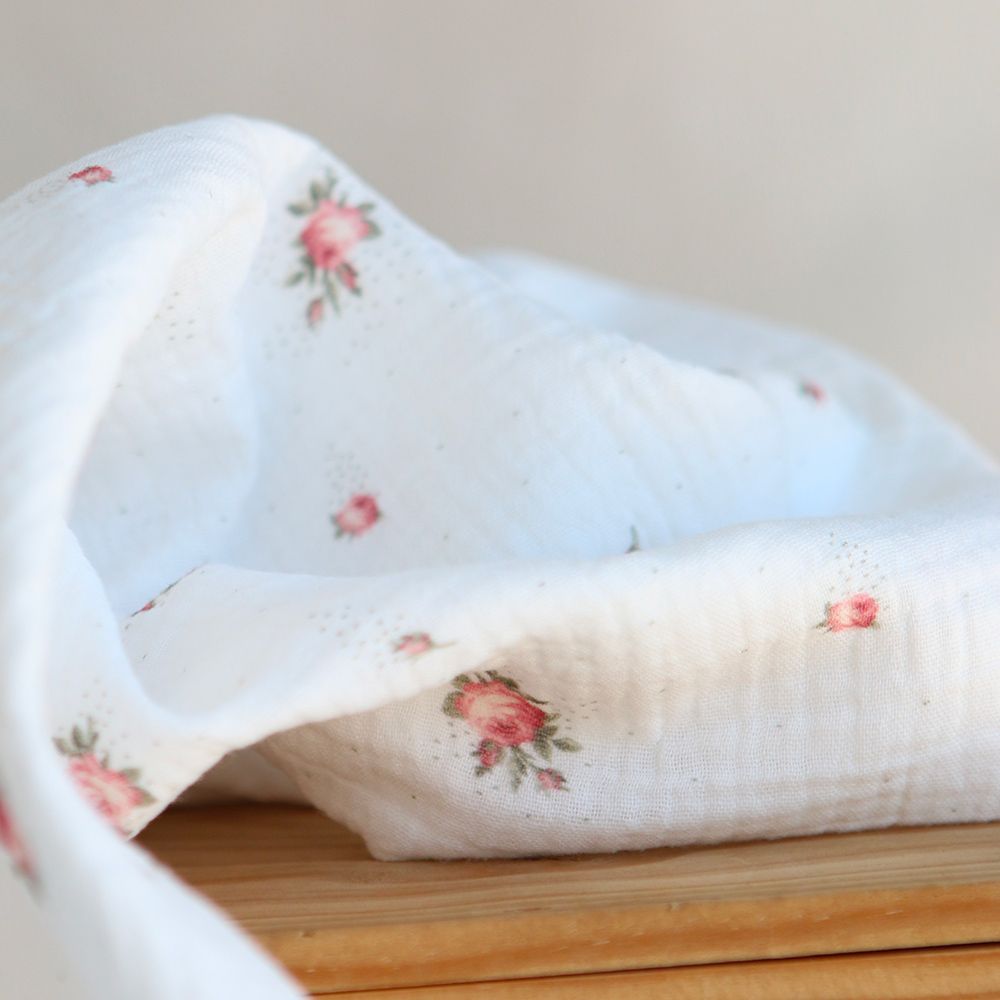 Christine - Double gaze coton BIO Exclusif blanc motif fleuri vert et rose