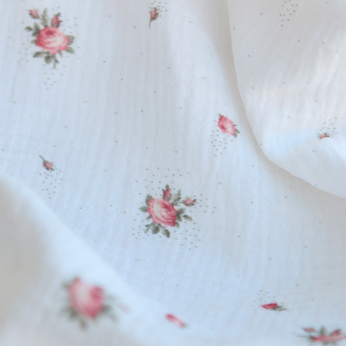 Christine - Double gaze coton BIO Exclusif blanc motif fleuri vert et rose