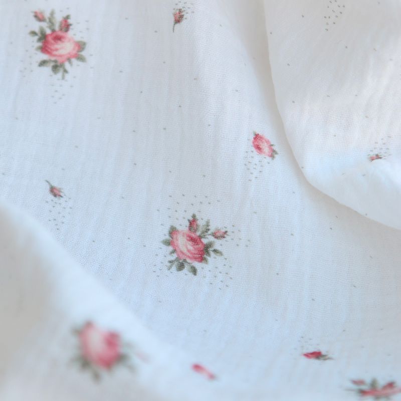 Christine - Double gaze coton BIO Exclusif blanc motif fleuri vert et rose