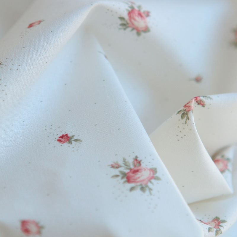 Christine - Popeline douce coton BIO organique fond blanc exclusif vert et rose