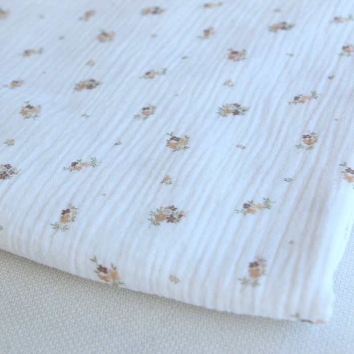 Laure - Double gaze coton BIO Exclusif blanc motif fleuri nature