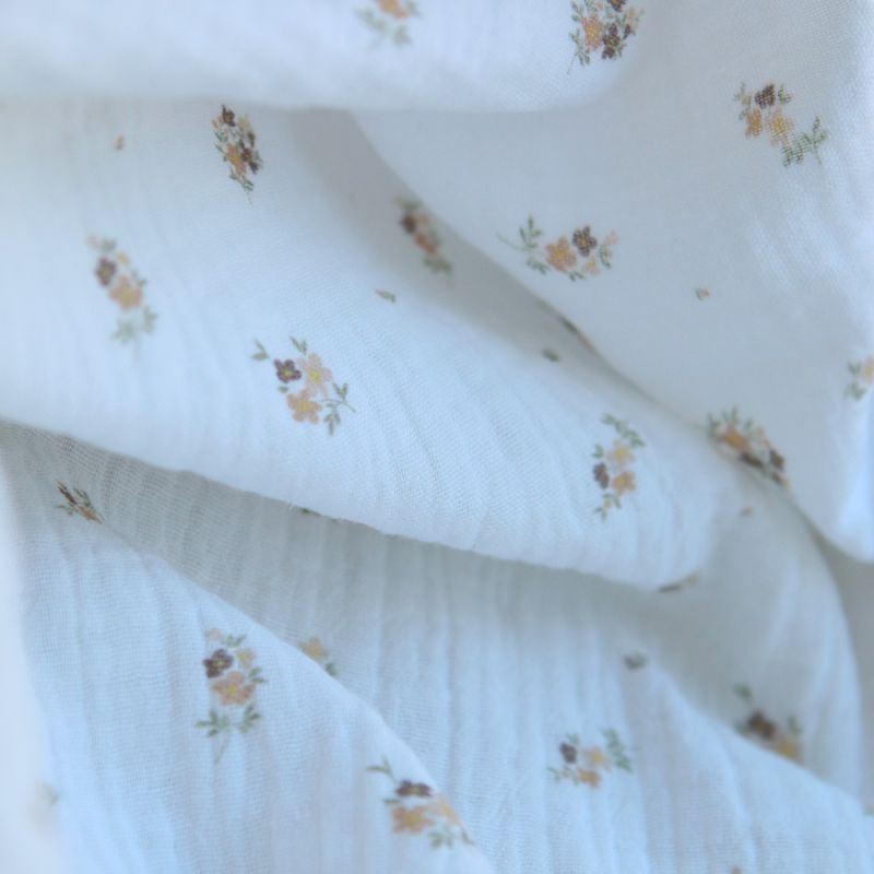 Laure - Double gaze coton BIO Exclusif blanc motif fleuri nature