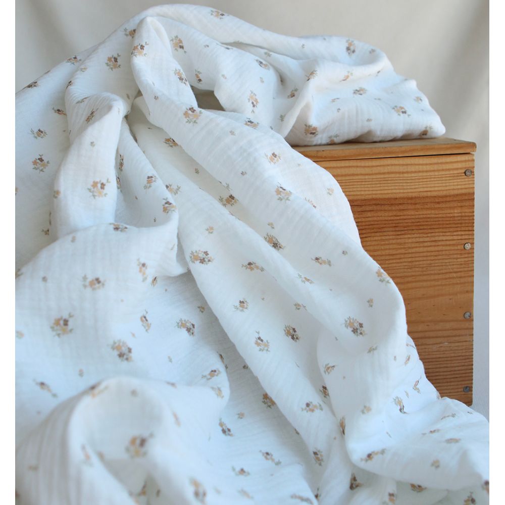 Laure - Double gaze coton BIO Exclusif blanc motif fleuri nature