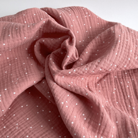 Double gaze de coton coloris rose blush à pois blanc Tissus issus de l'agriculture biologique  - 1 Double gaze de coton coloris rose blush à pois blanc Tissus issus de l'agriculture biologique  - 1