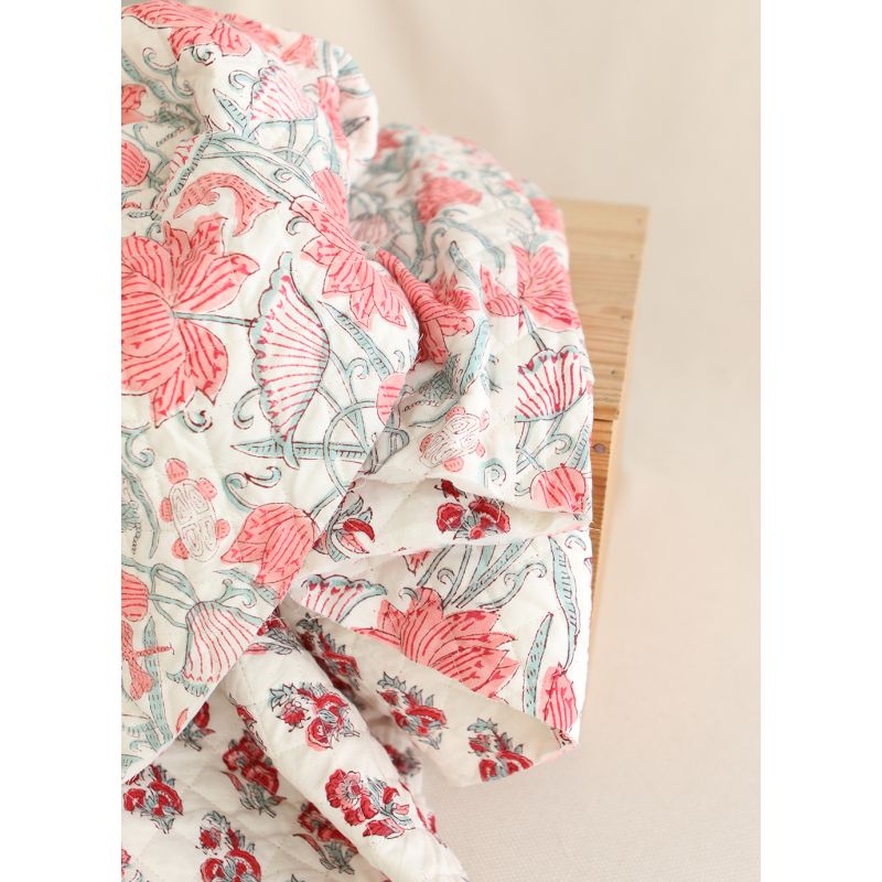 Yamini - Tissu indien matelassé double face coton hand block teal largeur 100cm