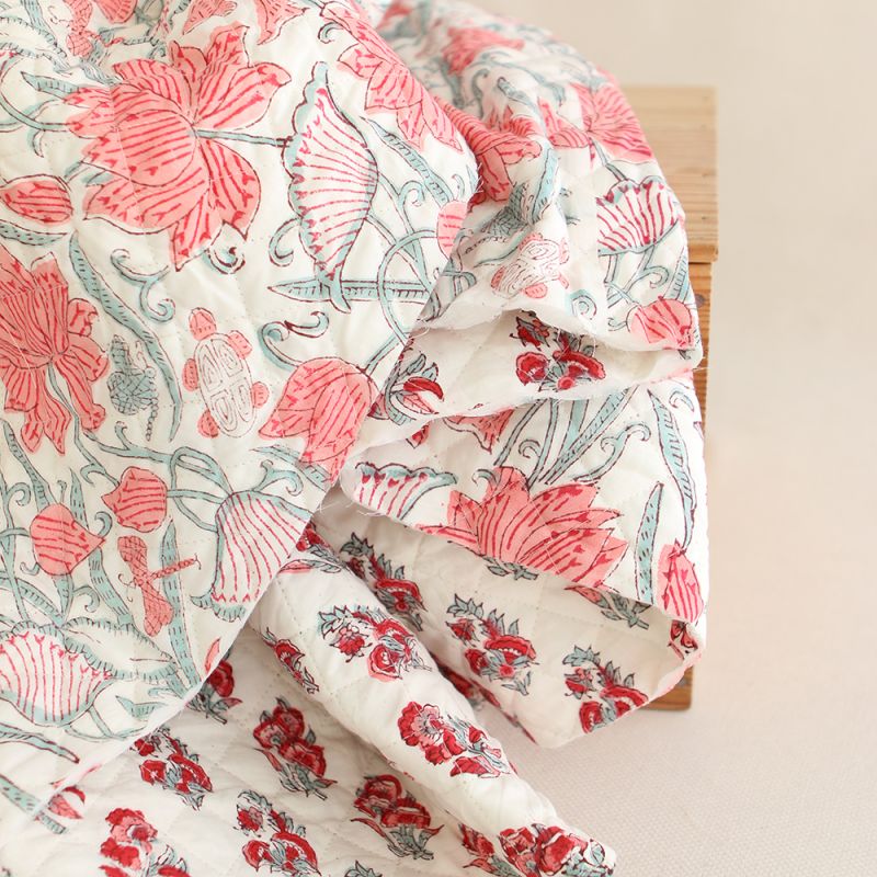 Yamini - Tissu indien matelassé double face coton hand block teal largeur 100cm