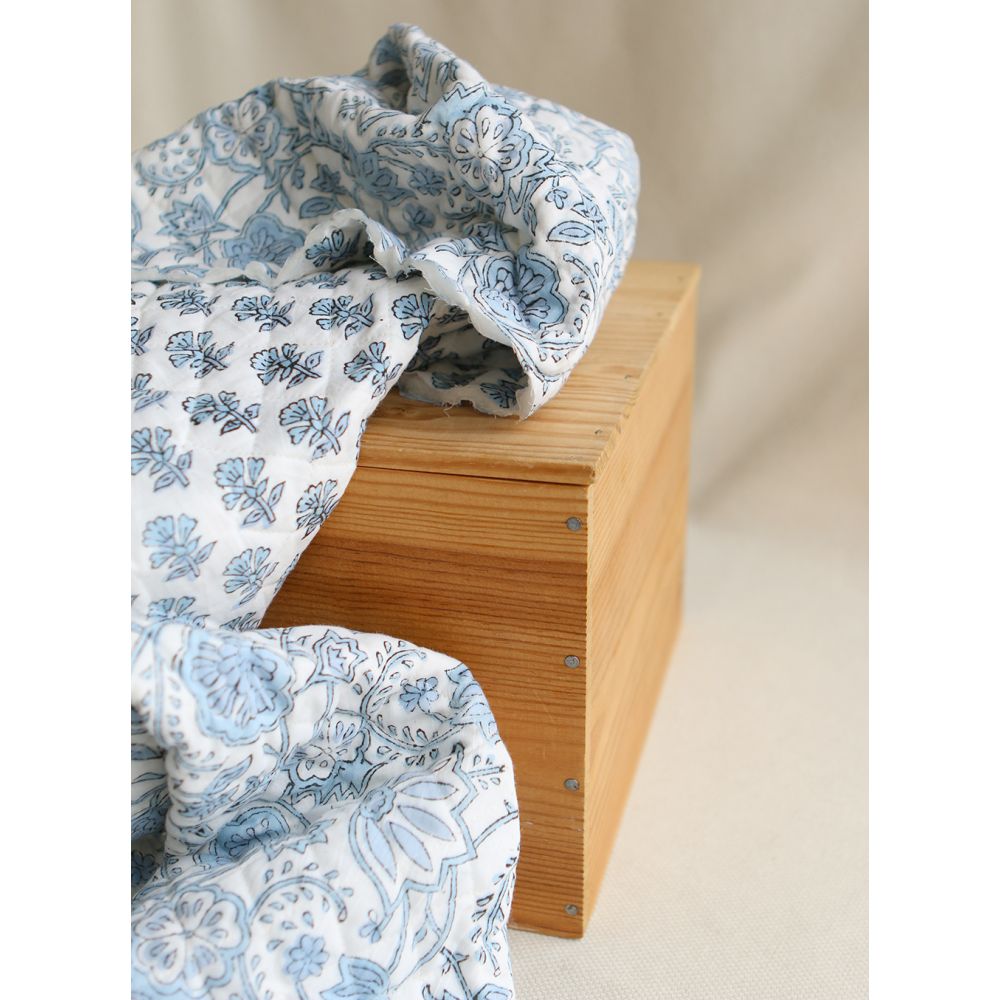 Amayra - Tissu indien matelassé double face coton hand block teal largeur 100cm