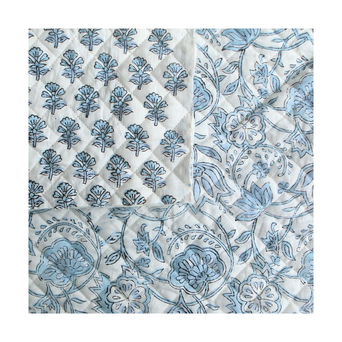 Amayra - Tissu indien matelassé double face coton hand block teal largeur 100cm