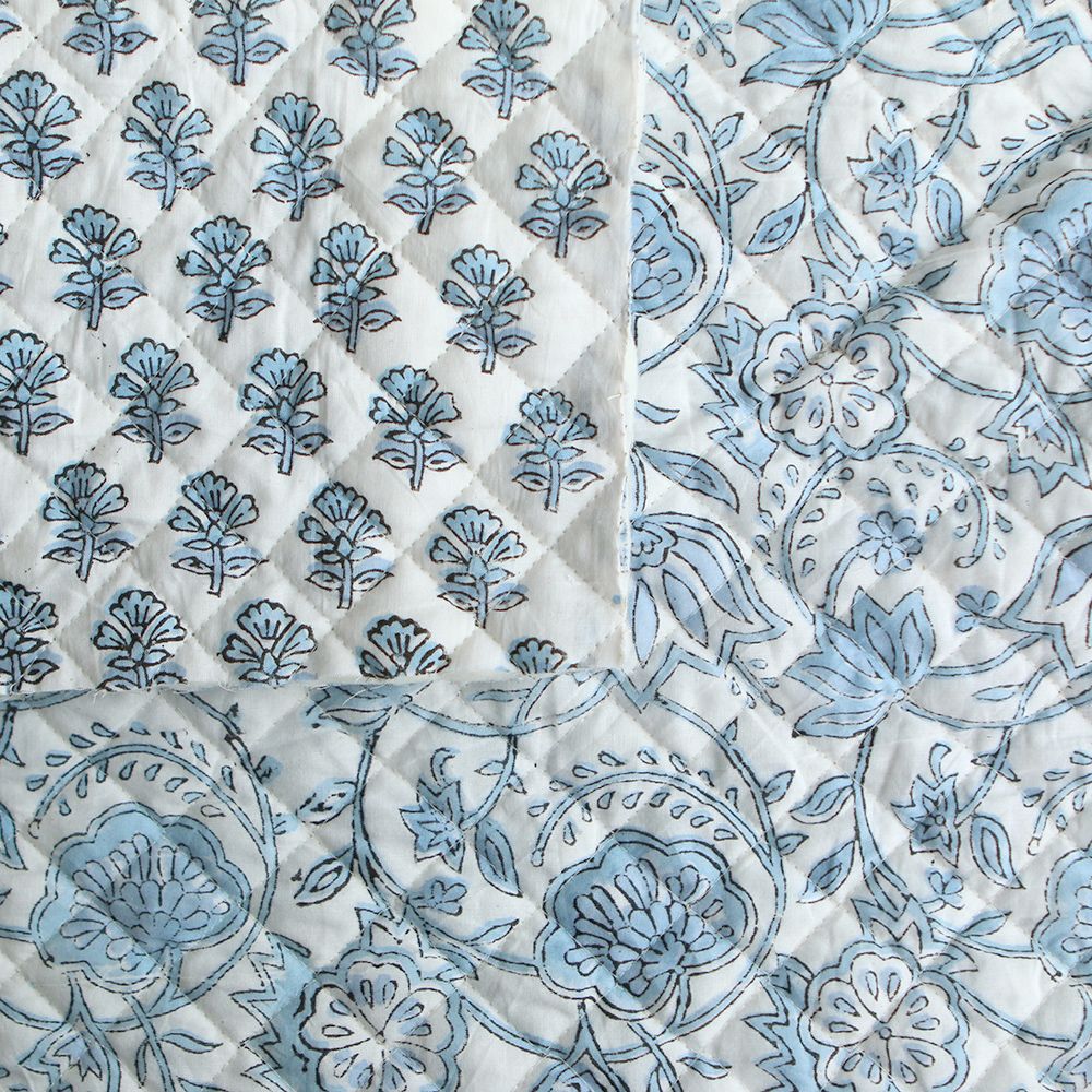 Amayra - Tissu indien matelassé double face coton hand block teal largeur 100cm