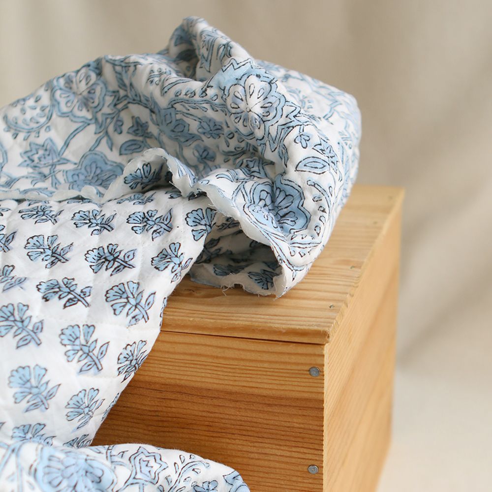 Amayra - Tissu indien matelassé double face coton hand block teal largeur 100cm