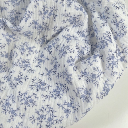 Meriem - Double gaze de coton BIO motif exclusif Bleu faïence Tissus issus de l'agriculture biologique  - 1