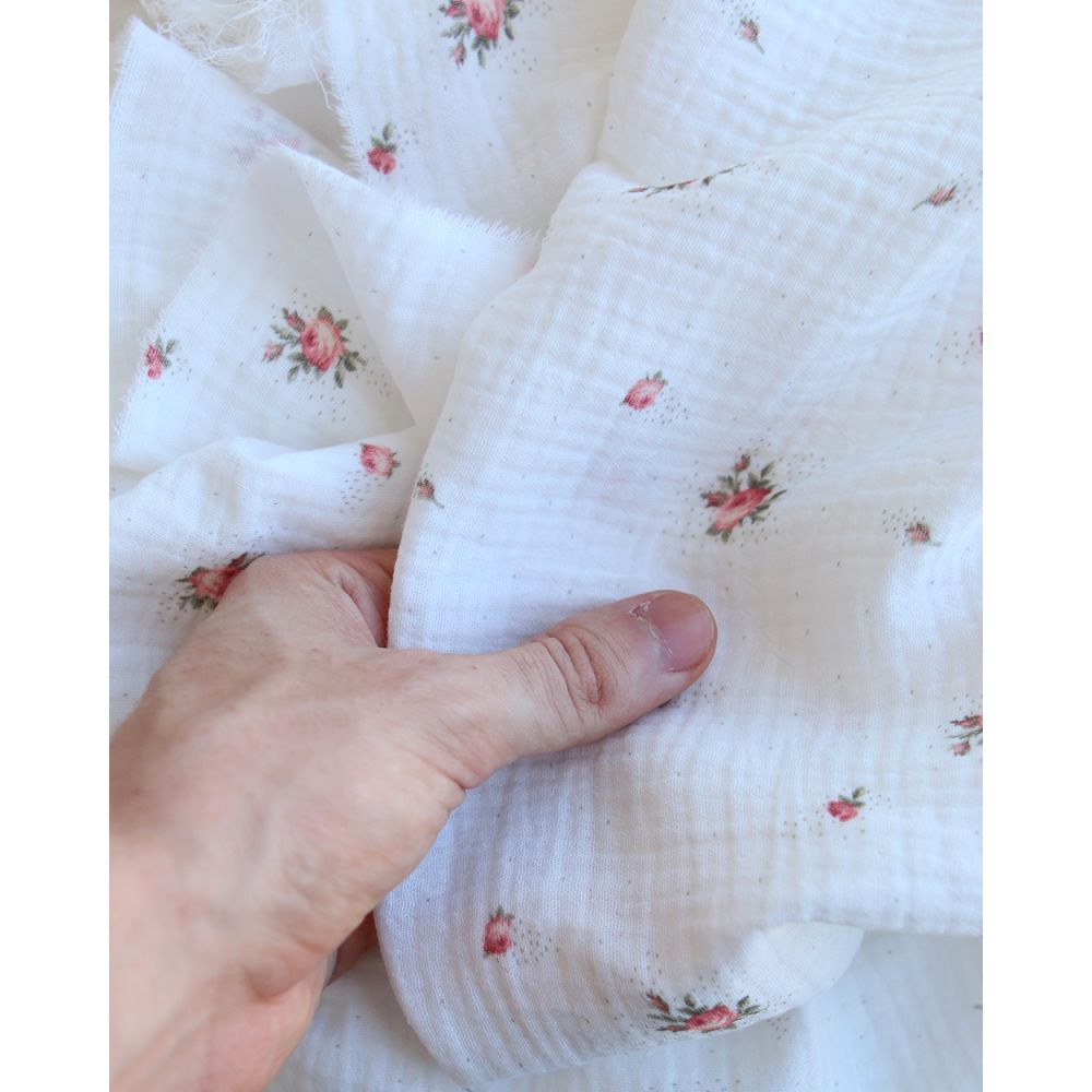 Christine - Double gaze coton BIO Exclusif blanc motif fleuri vert et rose