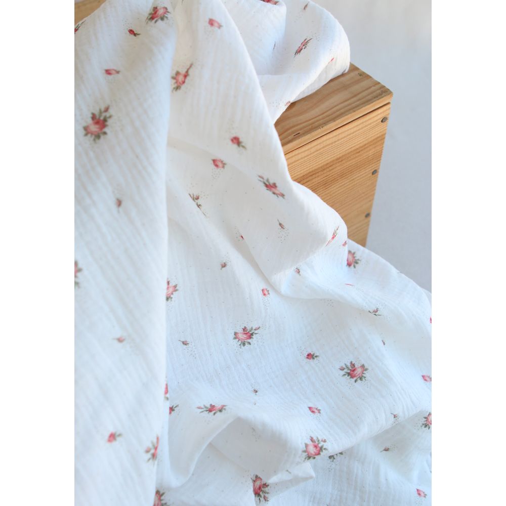 Christine - Double gaze coton BIO Exclusif blanc motif fleuri vert et rose