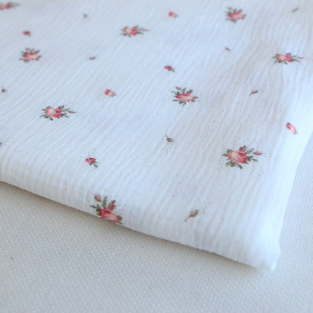 Christine - Double gaze coton BIO Exclusif blanc motif fleuri vert et rose