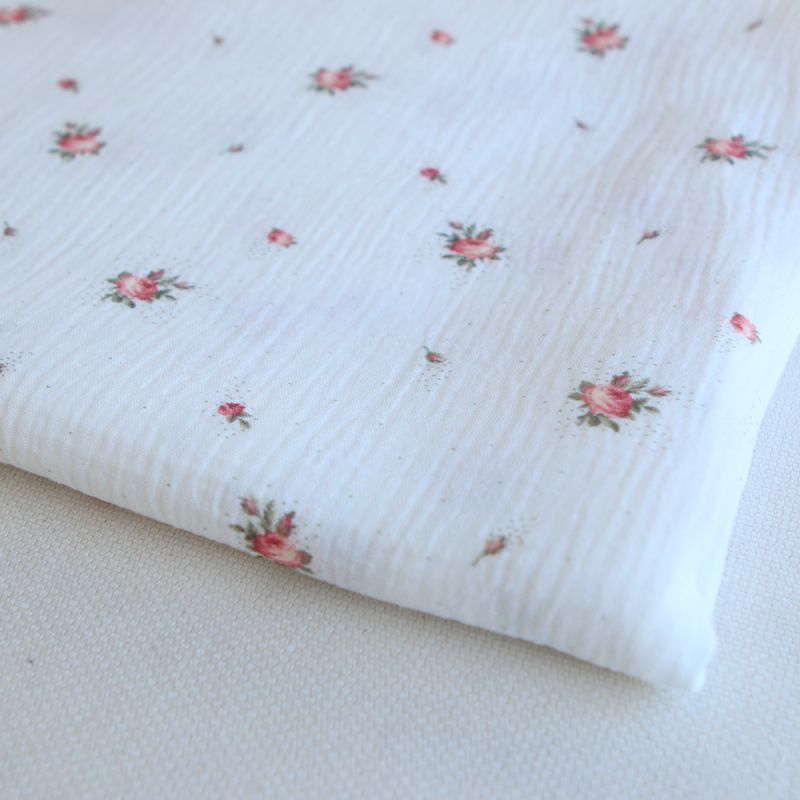 Christine - Double gaze coton BIO Exclusif blanc motif fleuri vert et rose