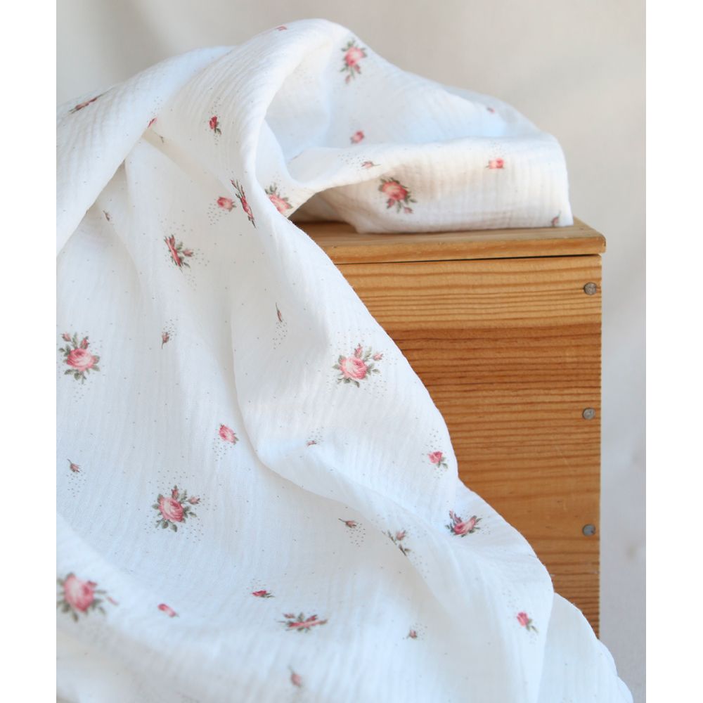 Christine - Double gaze coton BIO Exclusif blanc motif fleuri vert et rose