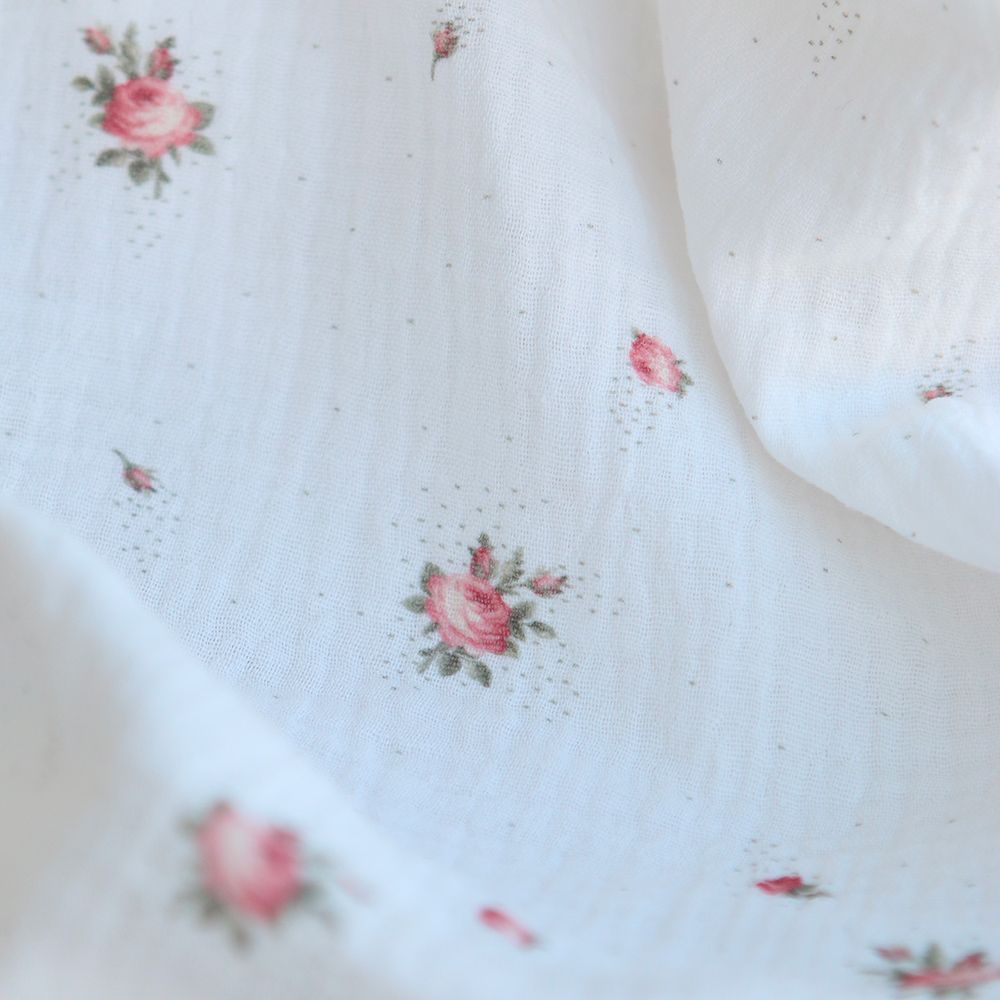 Christine - Double gaze coton BIO Exclusif blanc motif fleuri vert et rose