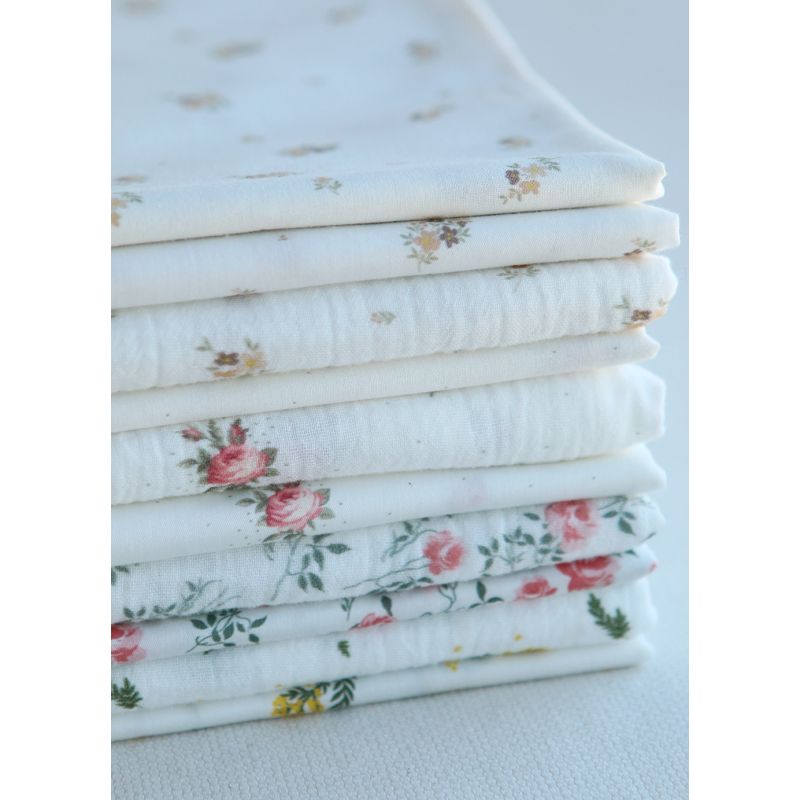 Christine - Double gaze coton BIO Exclusif blanc motif fleuri vert et rose