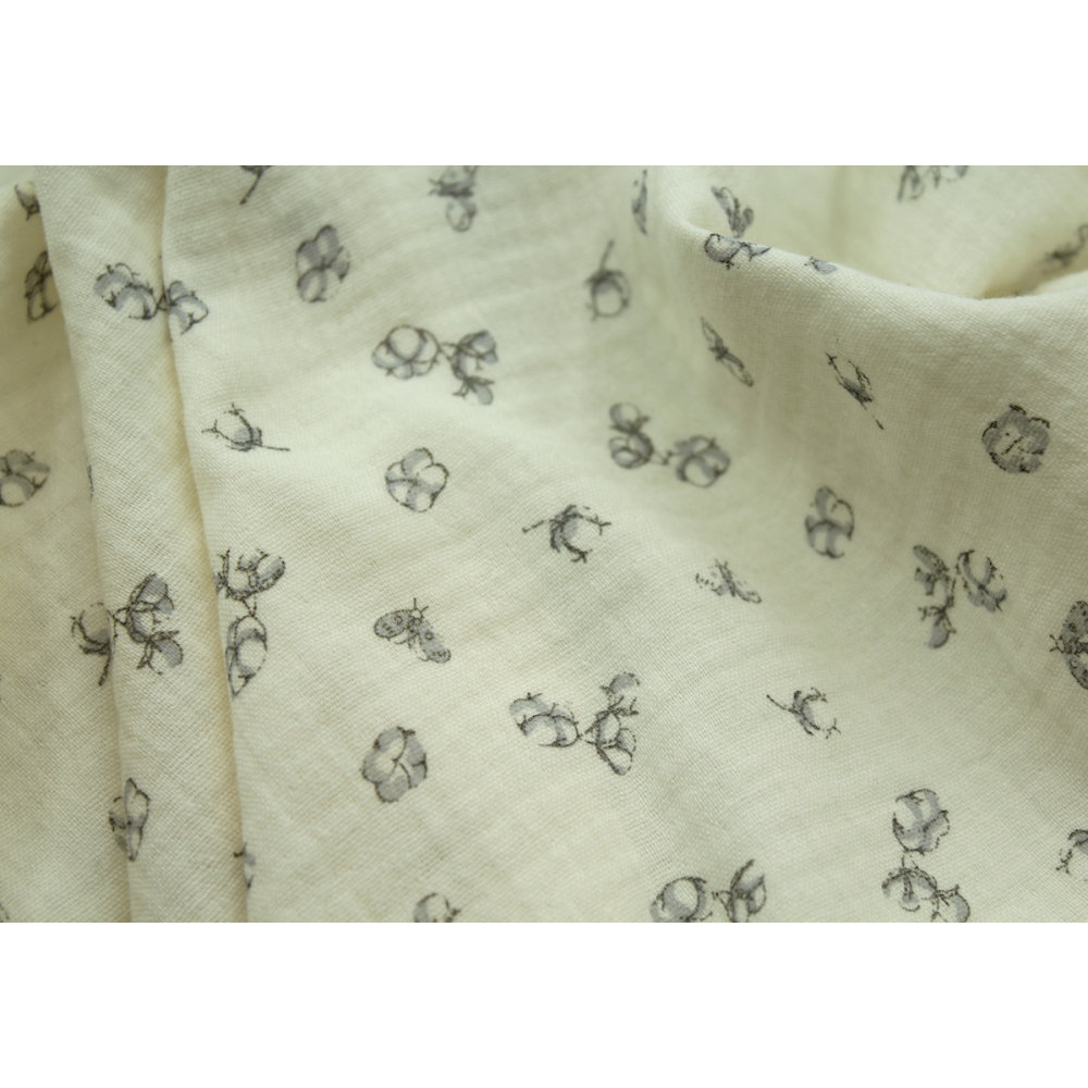 Double gaze de coton écru à motifs fleurs de coton