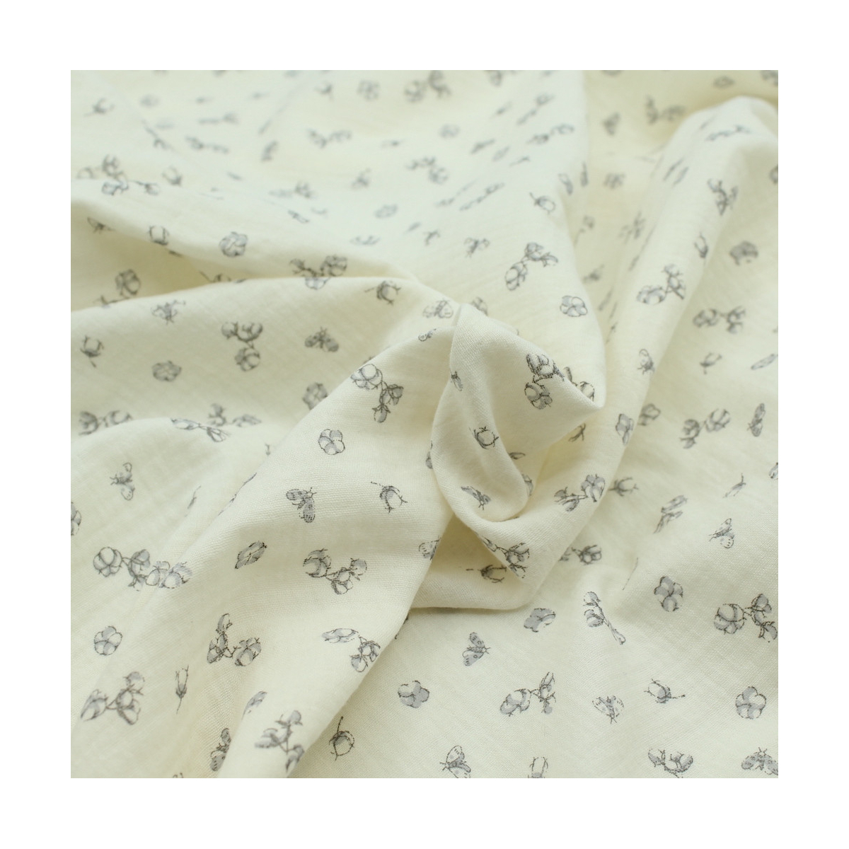 Double gaze de coton écru à motifs fleurs de coton Double gaze de coton écru à motifs fleurs de coton