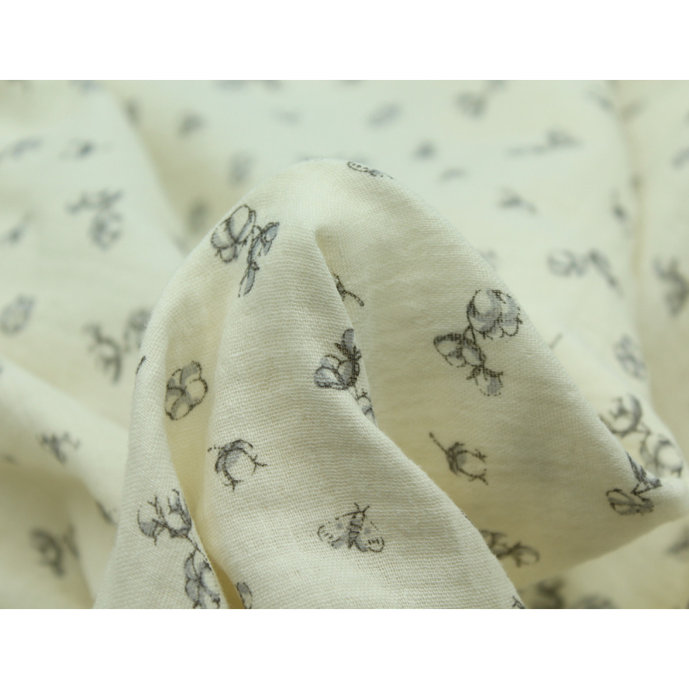 Double gaze de coton écru à motifs fleurs de coton