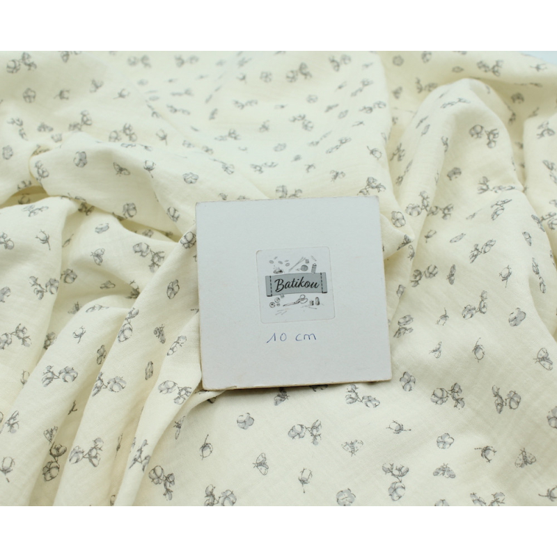Double gaze de coton écru à motifs fleurs de coton
