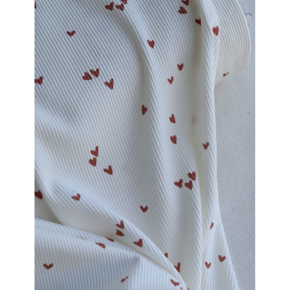 Jersey coton côtes fines à motifs mini coeurs lie de vin