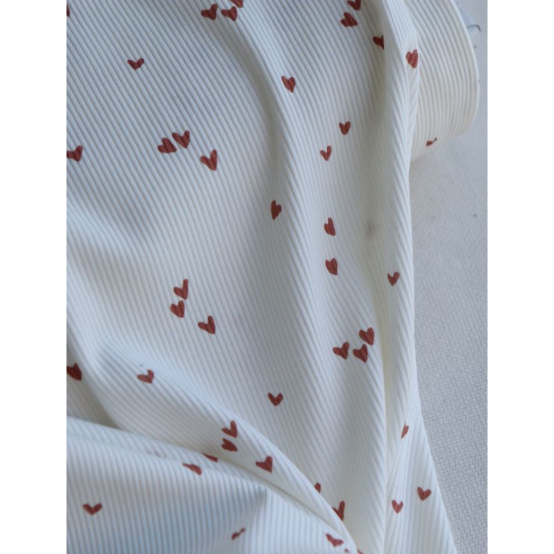 Jersey coton côtes fines à motifs mini coeurs lie de vin