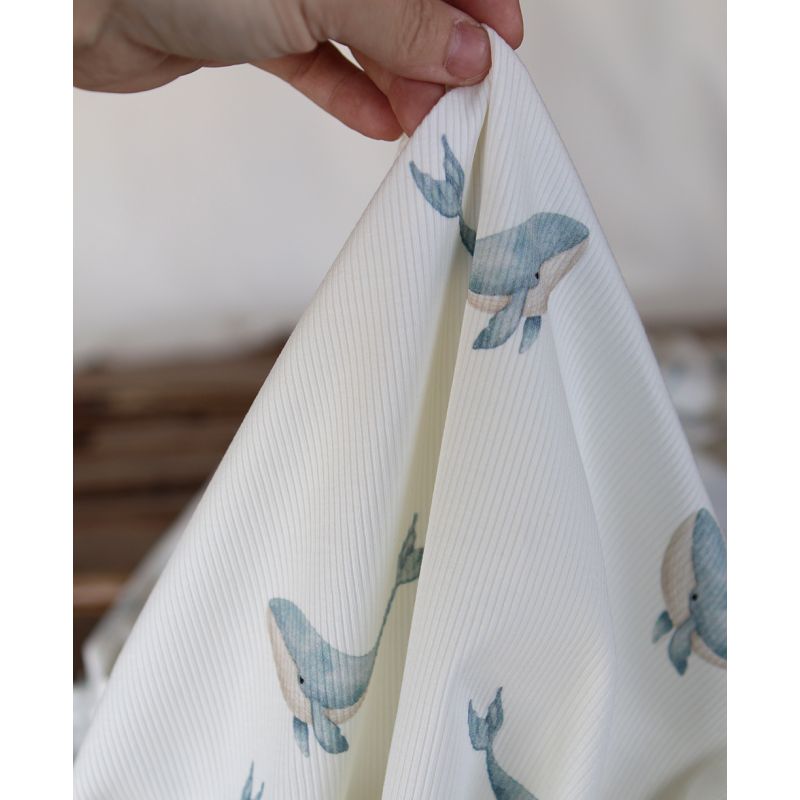 Jersey coton côtes fines à motif baleines bleu orage