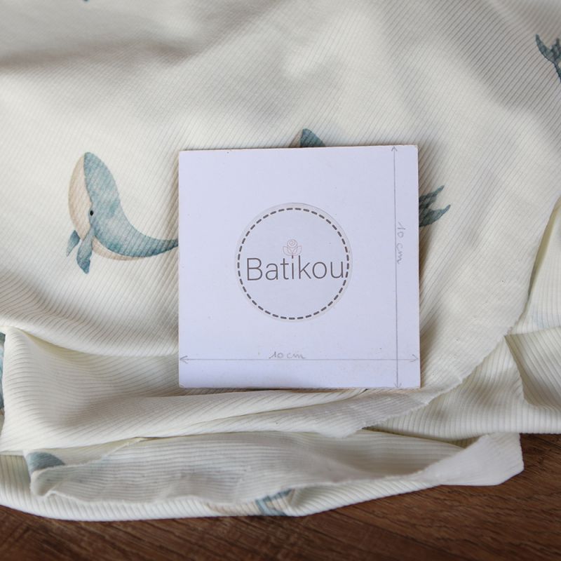 Jersey coton côtes fines à motif baleines bleu orage