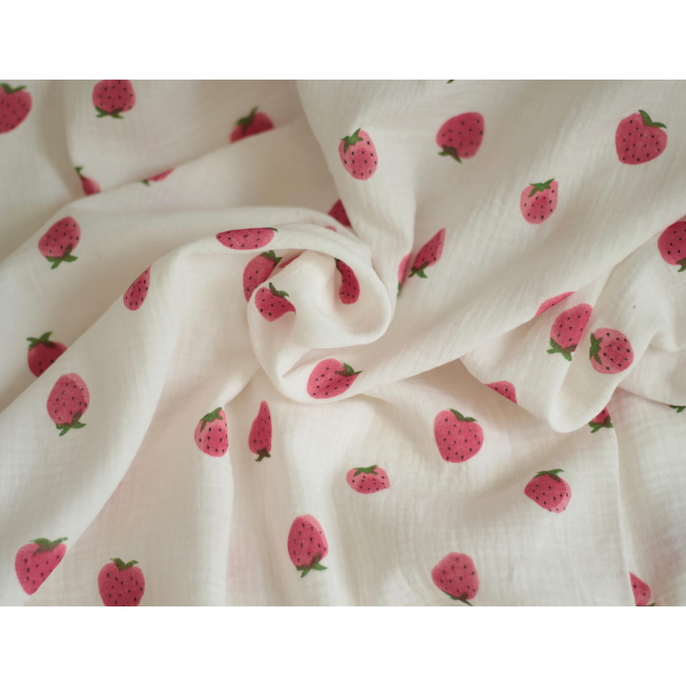 Dora - Double gaze de coton blanc motif fraises rosées