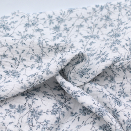 Adele - Double gaze de coton BIO motif fleuri bleu brume