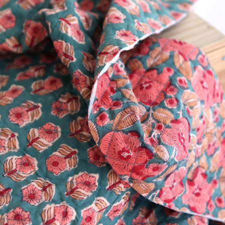 Sahar - Tissu indien matelassé double face coton hand block teal largeur 100cm
