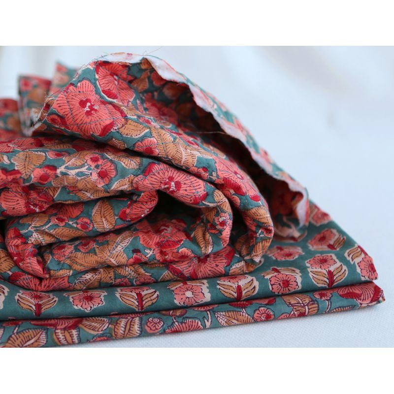 Sahar - Tissu indien matelassé double face coton hand block teal largeur 100cm