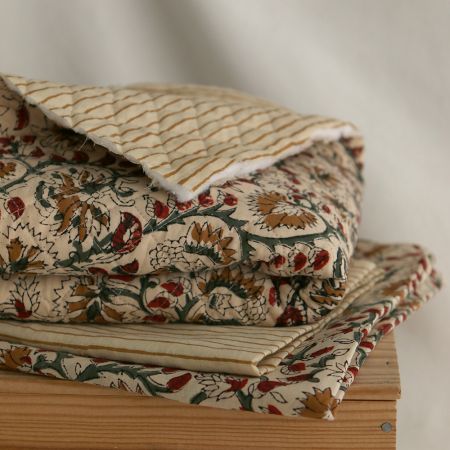 Nisha & rayures - Tissu indien matelassé double face coton hand block teal largeur 100cm