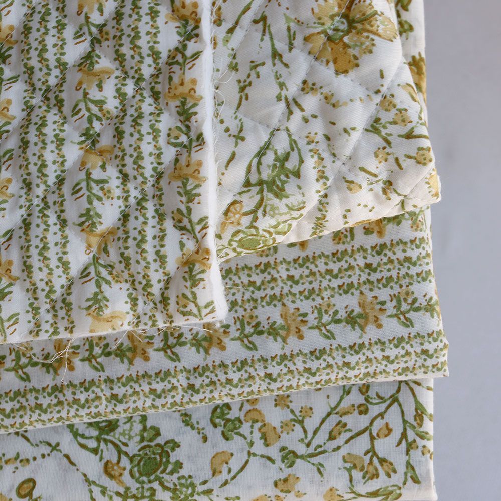 Karishma jaune - Tissu indien matelassé double face coton hand block largeur 100cm